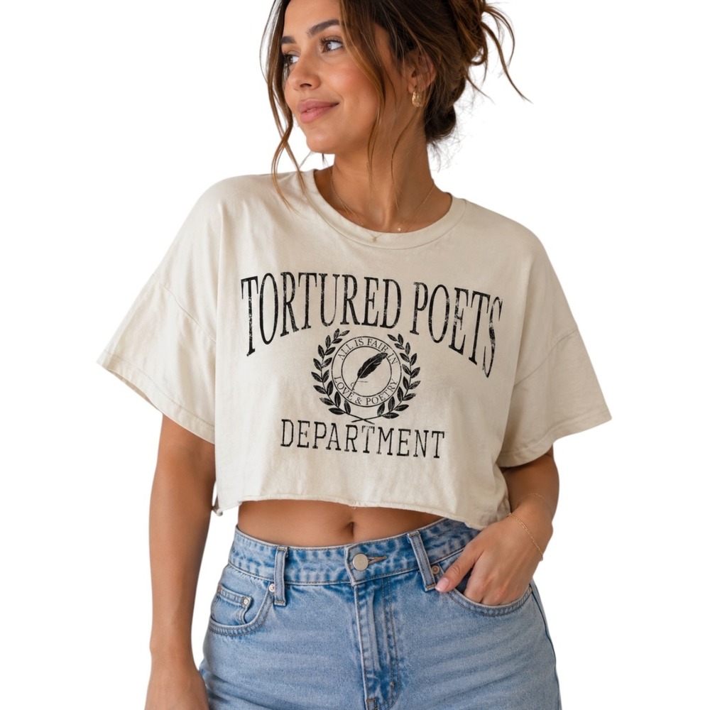 Originality Tortured Poets‎ Department Crop Tee Small Cream Graphic Taylor Swift